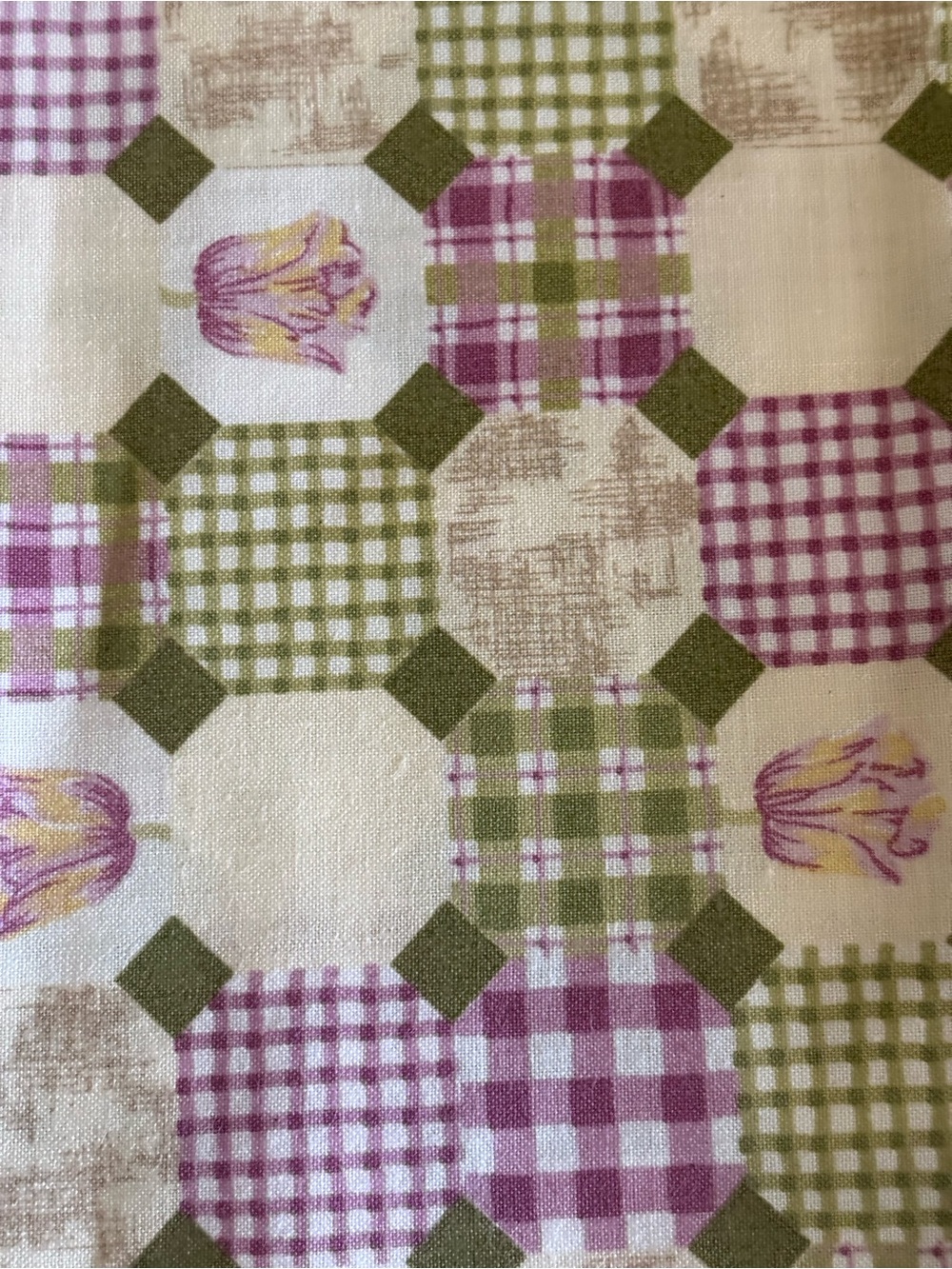 Floral & Gingham Patchwork Cotton Fabric - Pink, Green, Cream 1 yard